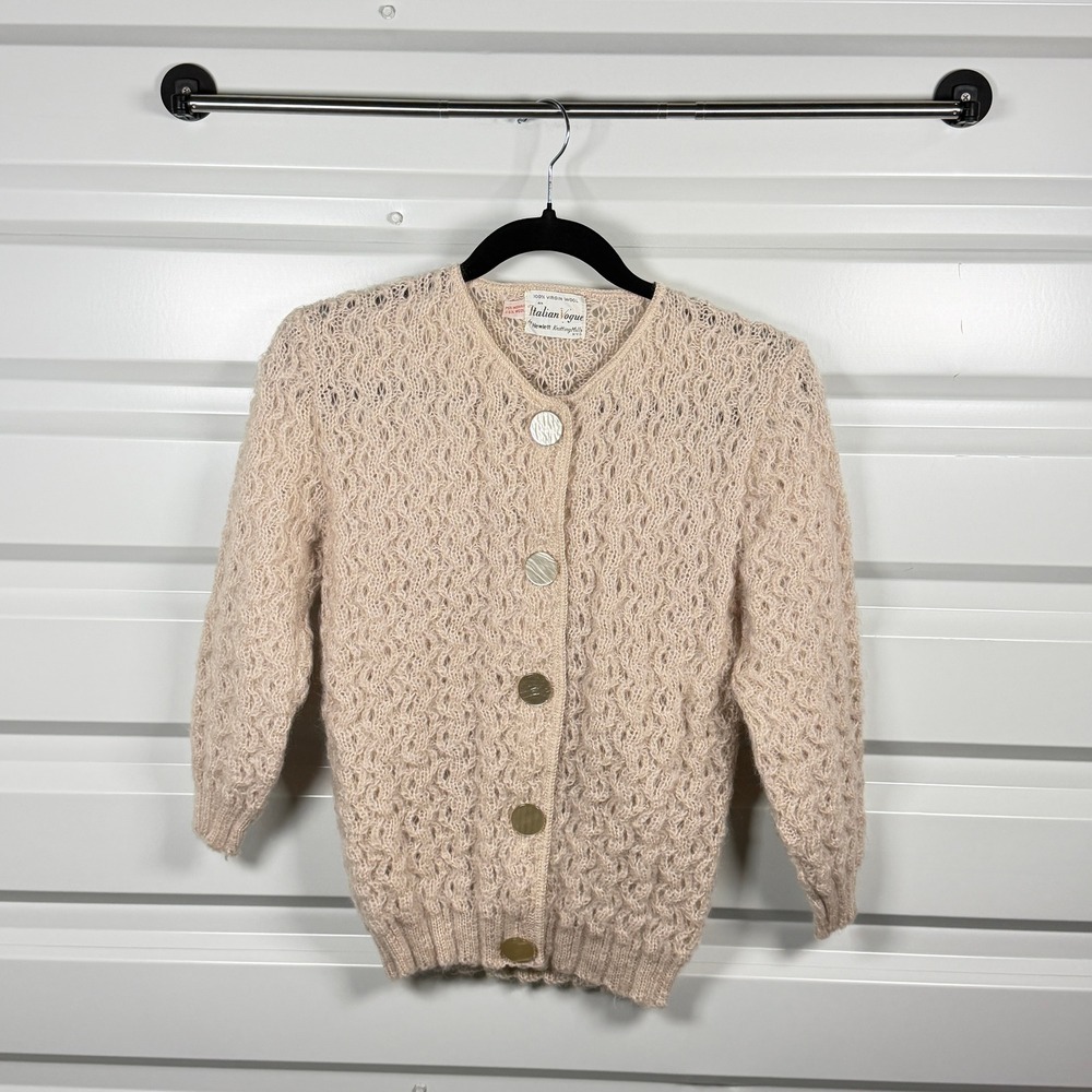 Vintage Italian Vogue Cardigan Women S Beige Mohair Wool Blend Open Knit Vintage